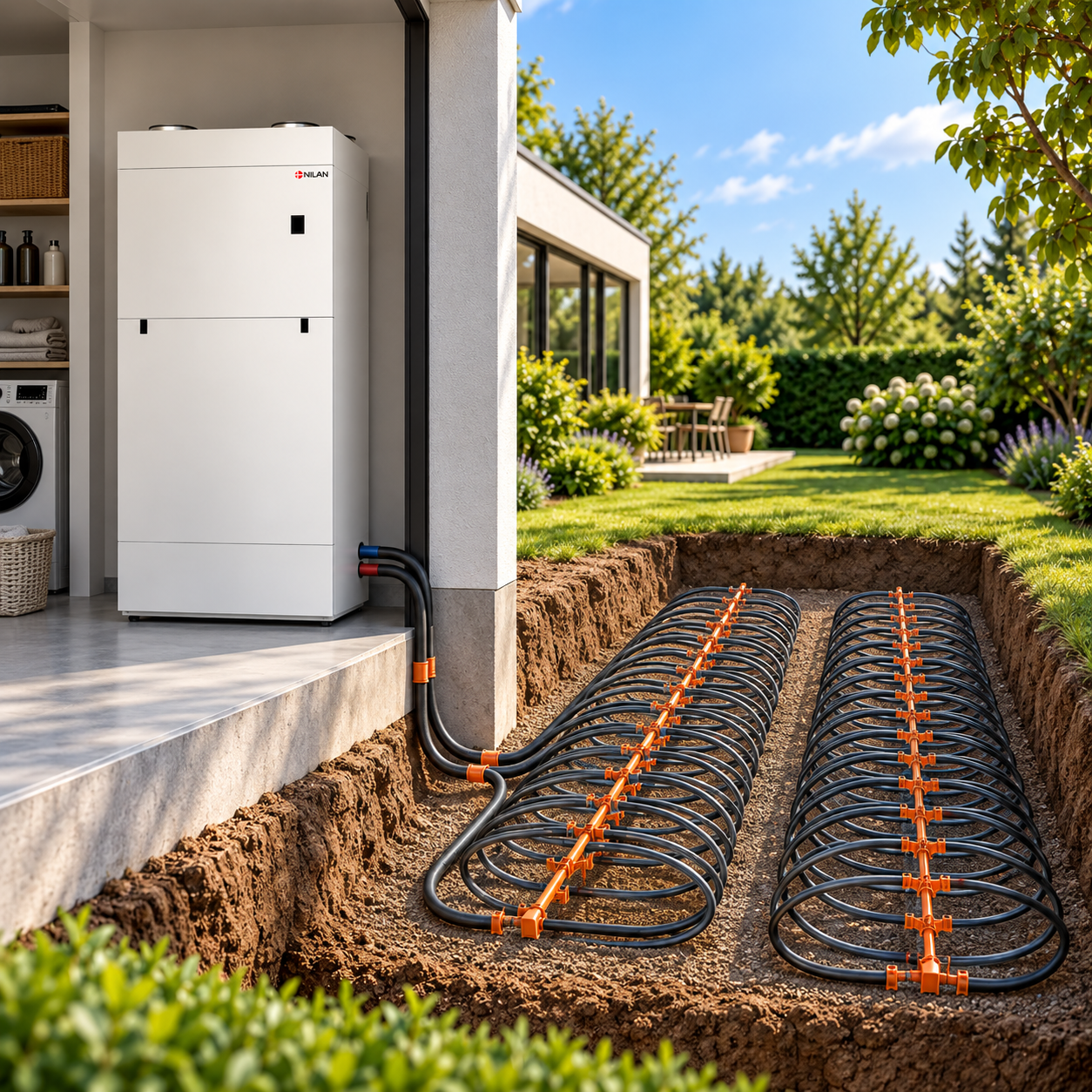 Geothermische bodemlussen naast moderne woning